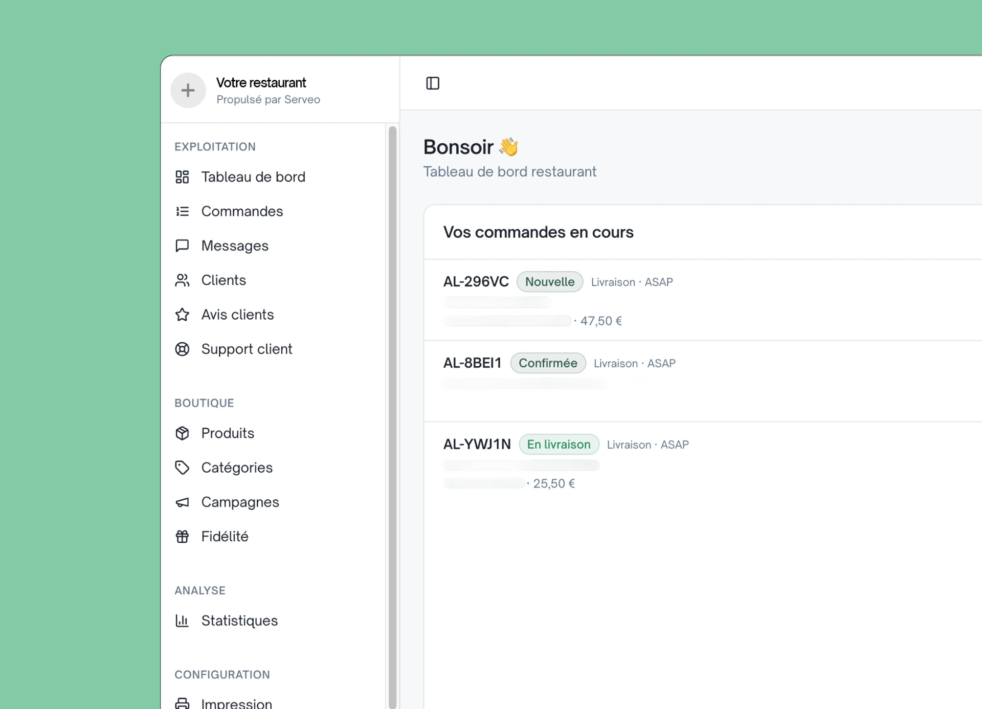 Espace restaurateur Serveo : liste des commandes en cours
