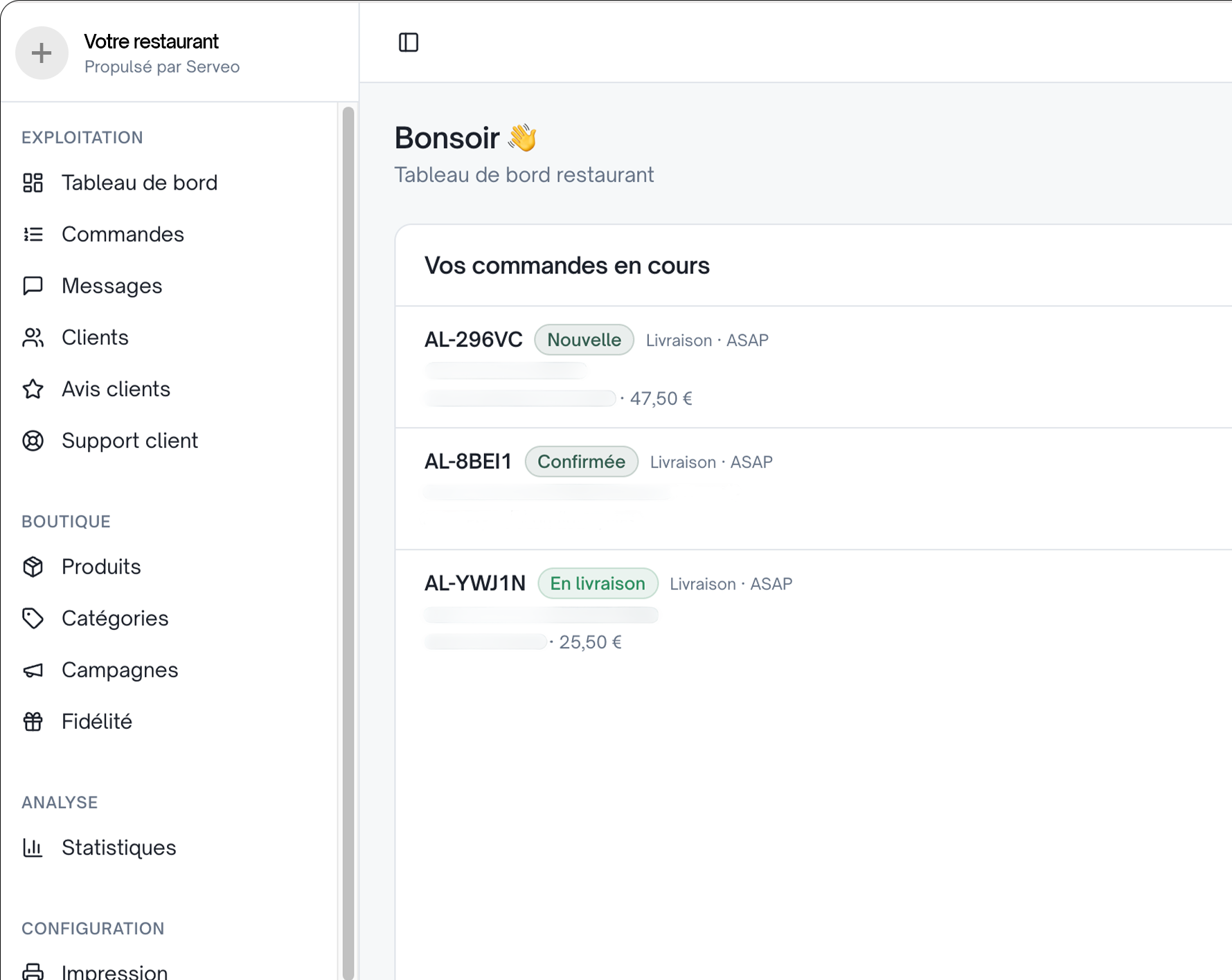 Espace restaurateur Serveo : commandes, produits et statistiques